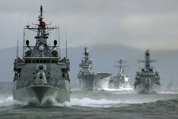Warships and aircraft carriers at sea