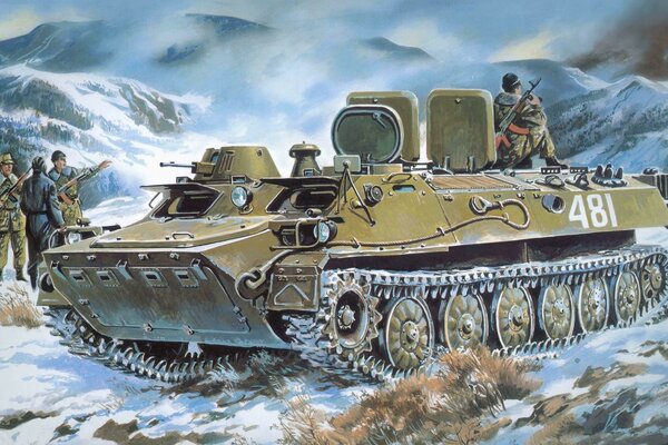 Armored tank in snowy mountains