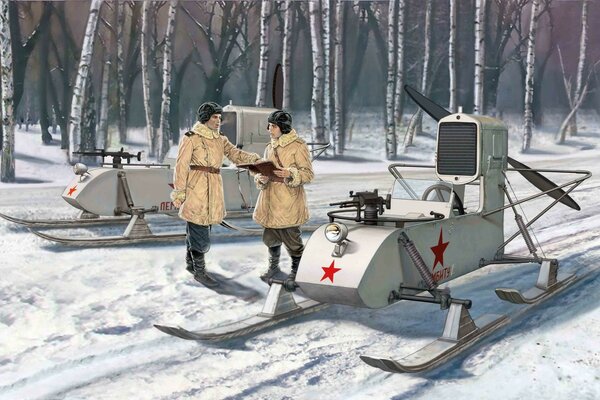 Sowjetische Schneemobile mit Waffen