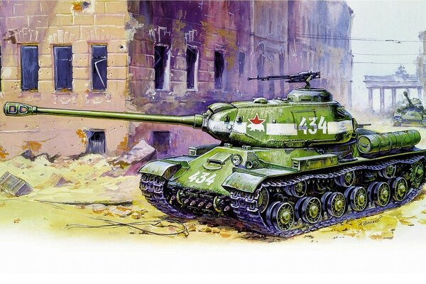 Disegno di un carro armato sovietico sullo sfondo di un edificio fatiscente della guerra