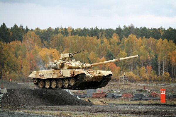 T-90 tank on the background of Russian forests