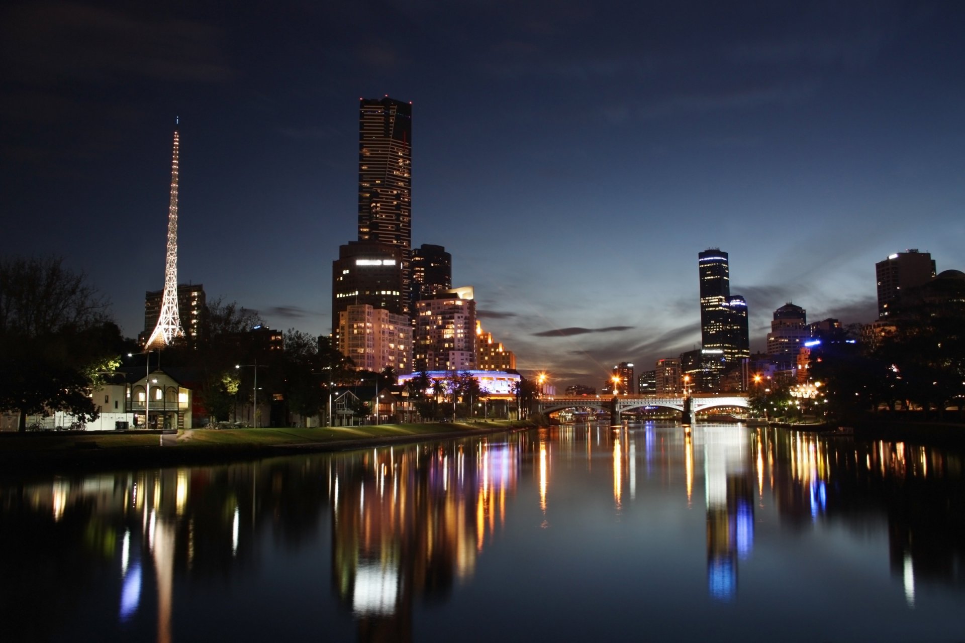 town night river bridge lights reflection