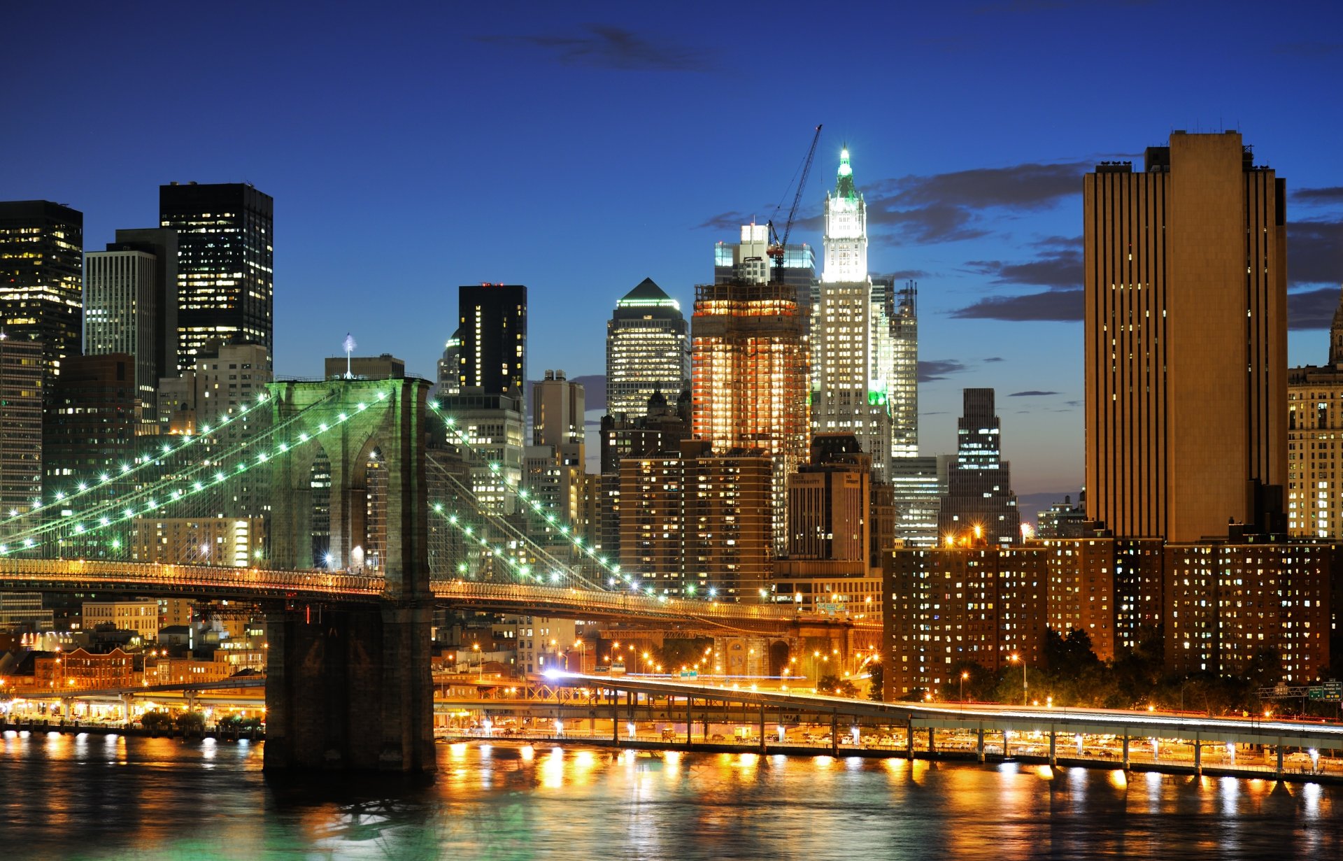 new york usa brooklyn bridge wolkenkratzer nacht lichter