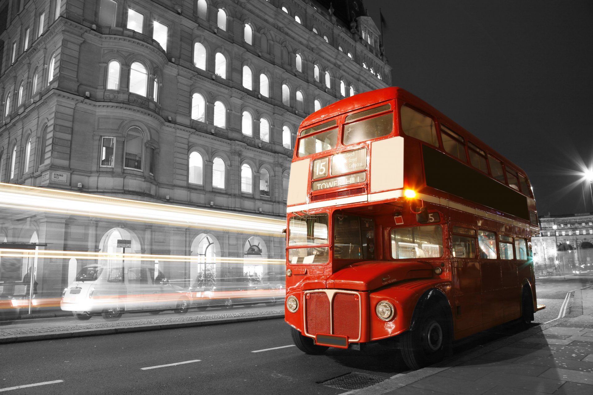 londres angleterre bus nuit lumières spot rue route noir et blanc lumières flou ville