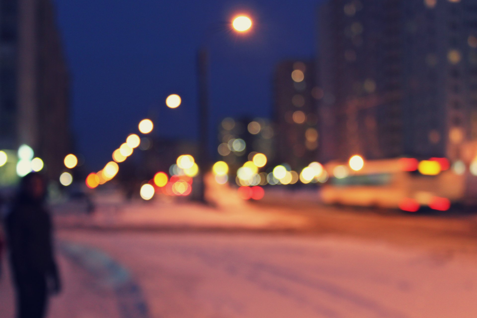 night street lamps light town man bokeh bokehi blur without focus bus house