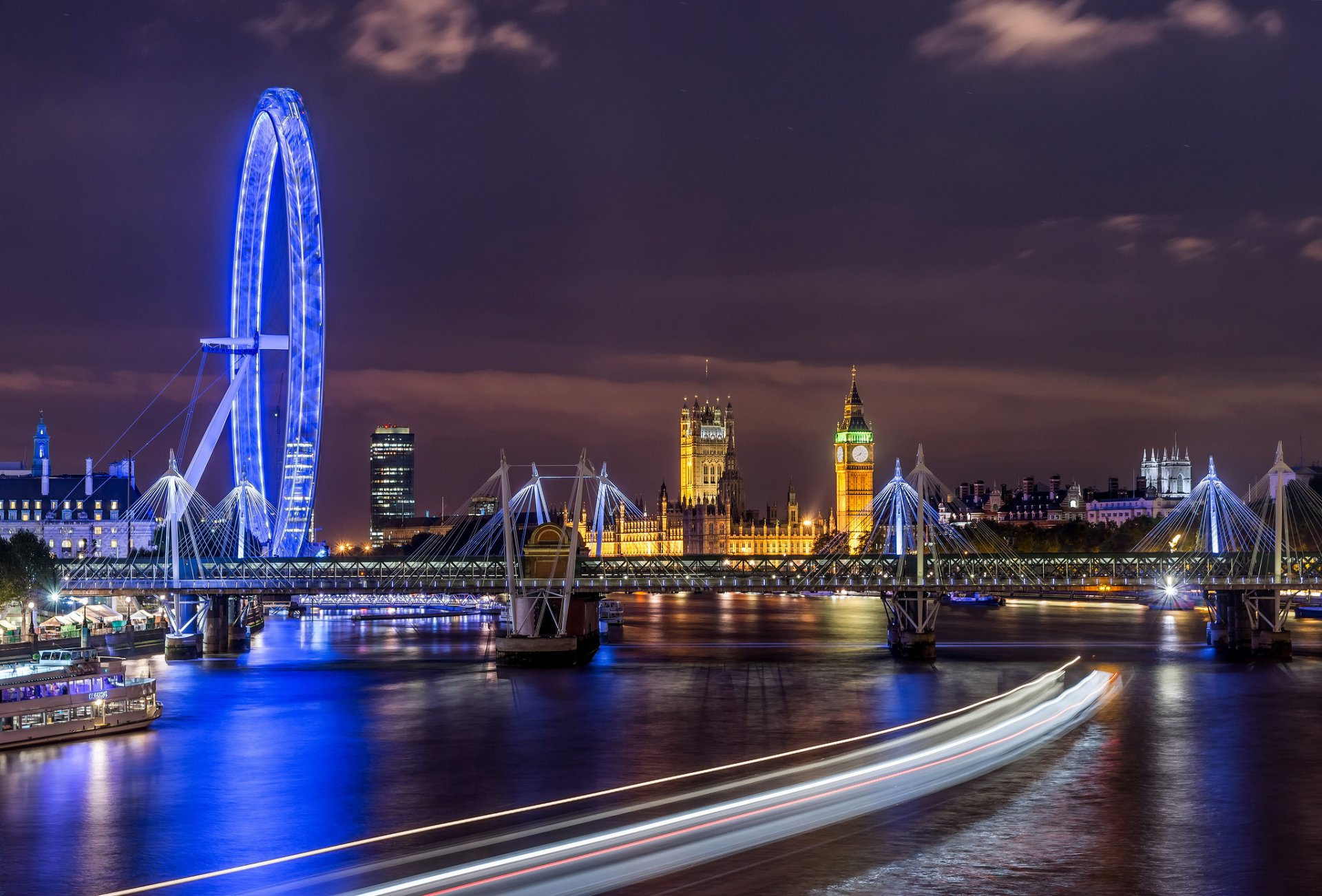 town england london night thames river light