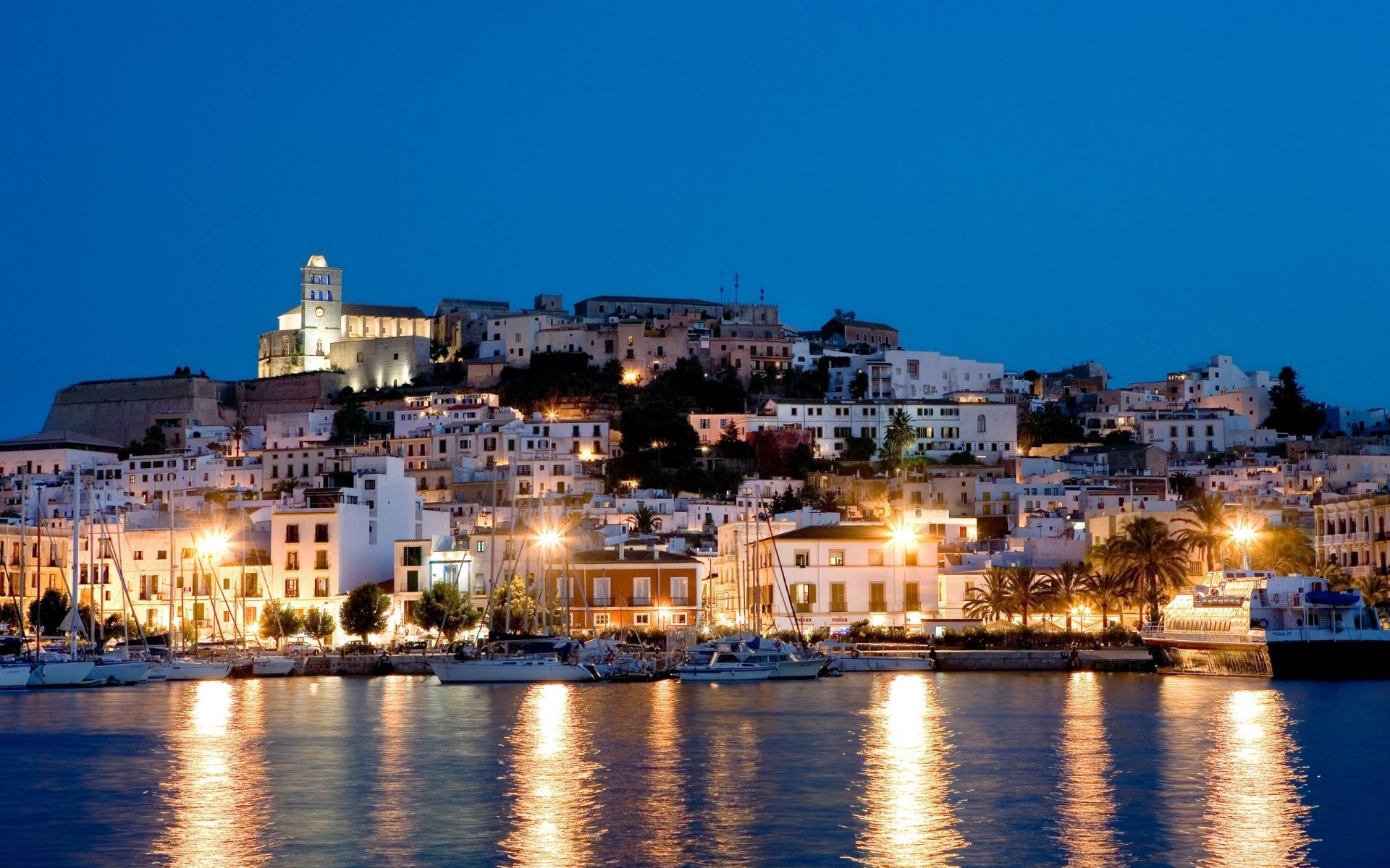 pain ibiza island night houses light lights sea yacht