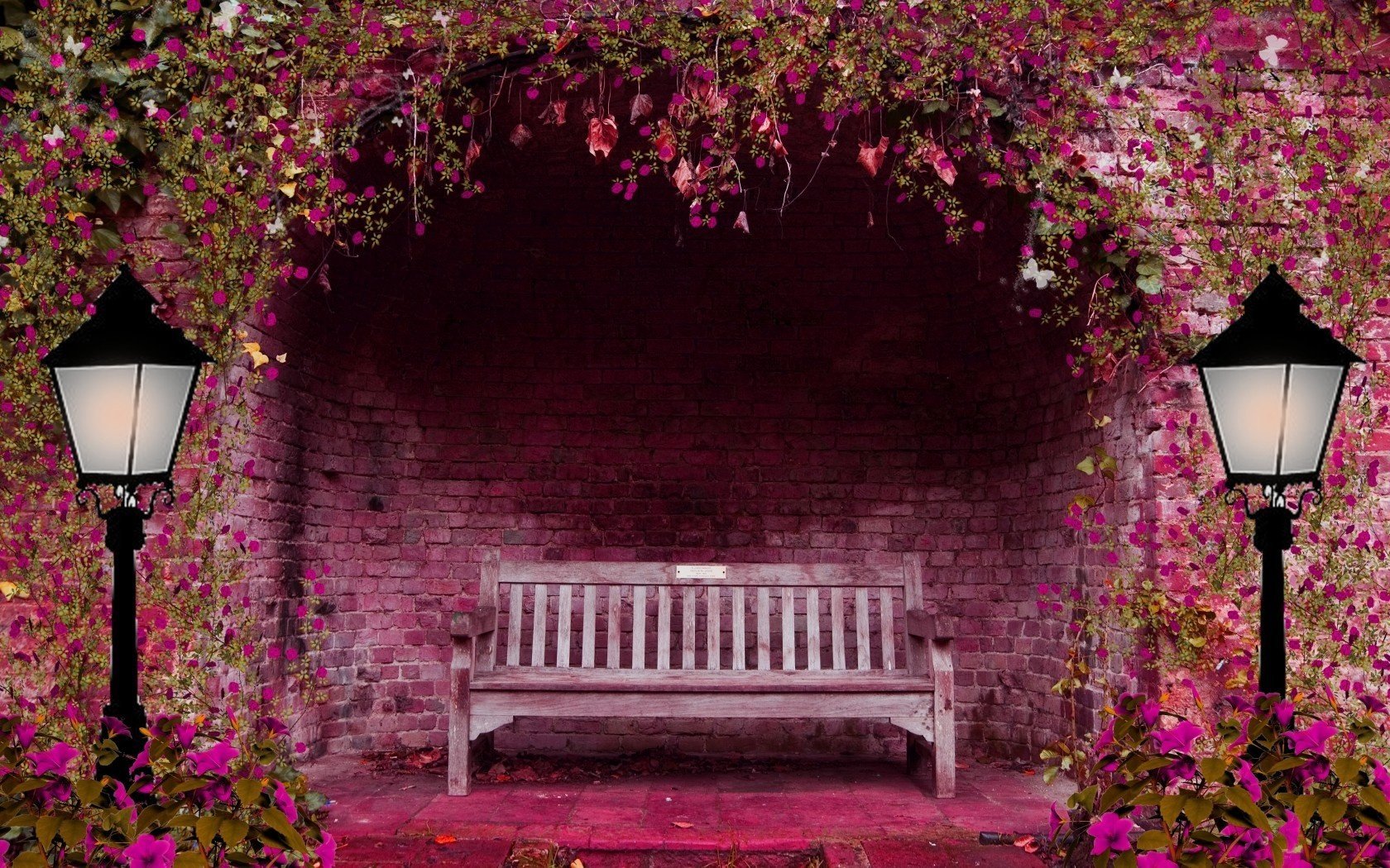 flowers spring garden arch bench