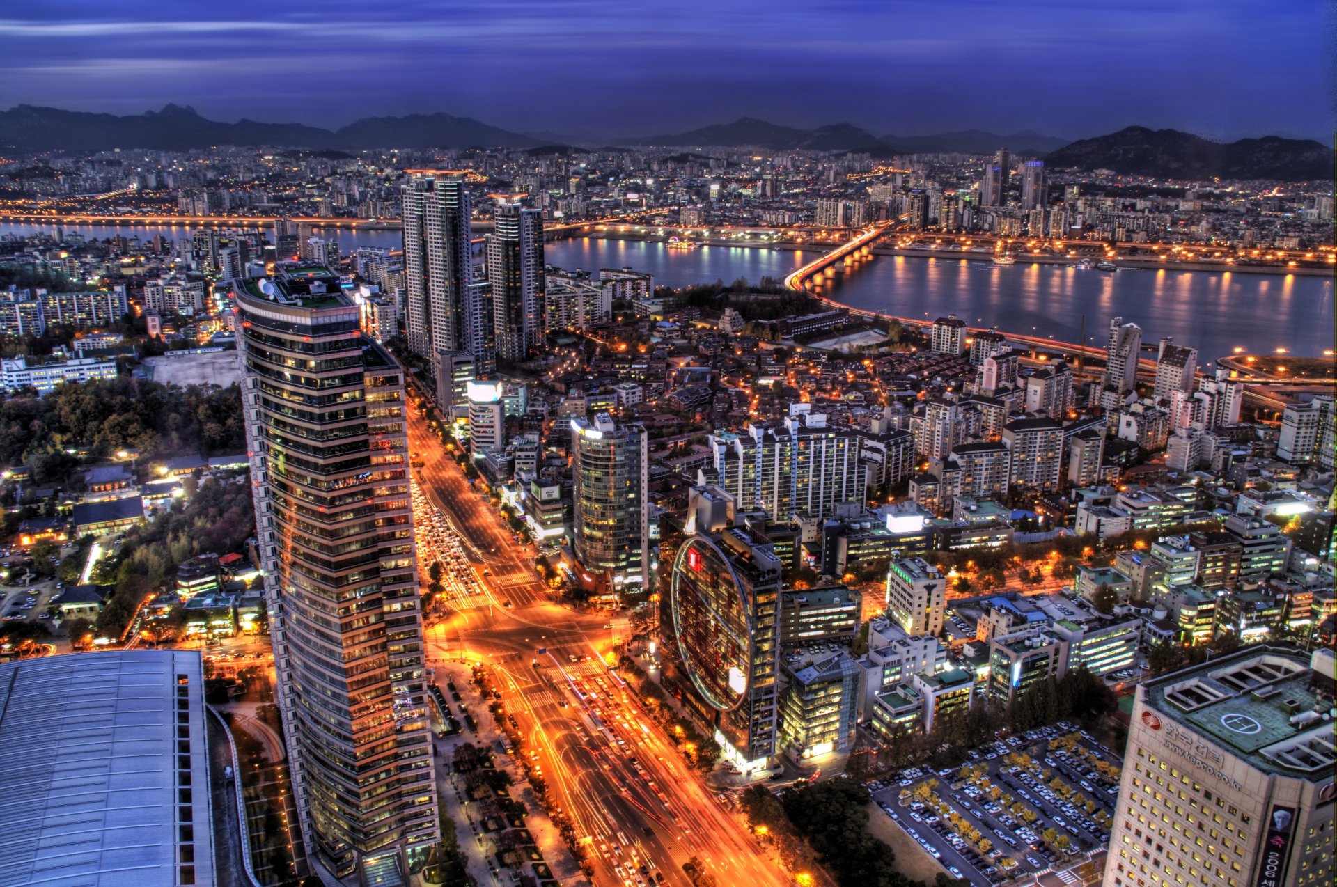 corea del sur seúl capital noche rascacielos iluminación luces azul cielo capital