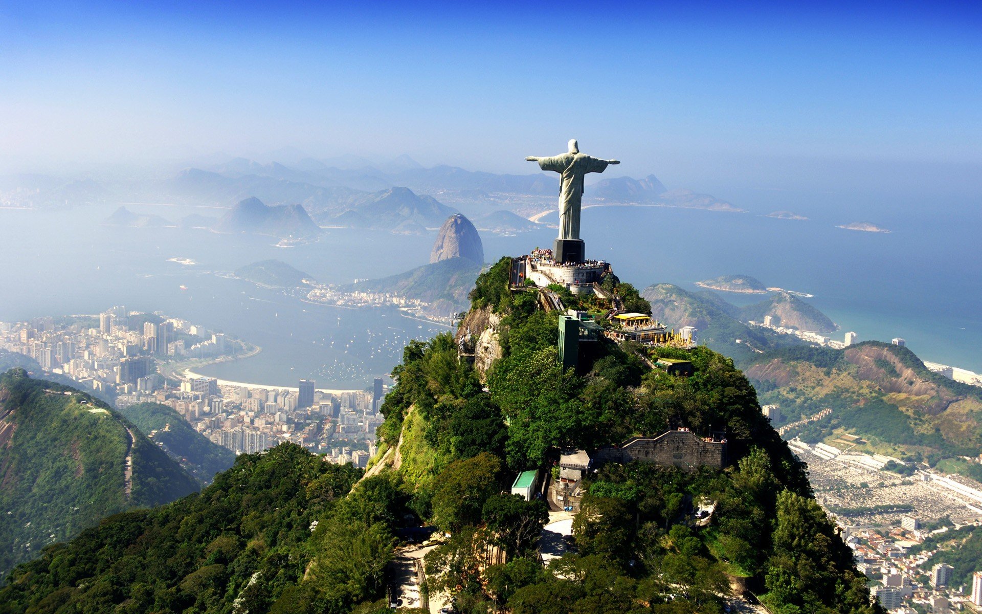 brazil statue savior jesus christ town clouds mountain