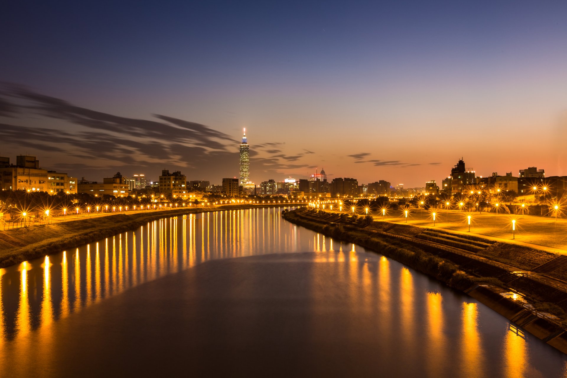 china prc taiwan taipei city river evening orange sunset sky clouds light lights lanterns reflection