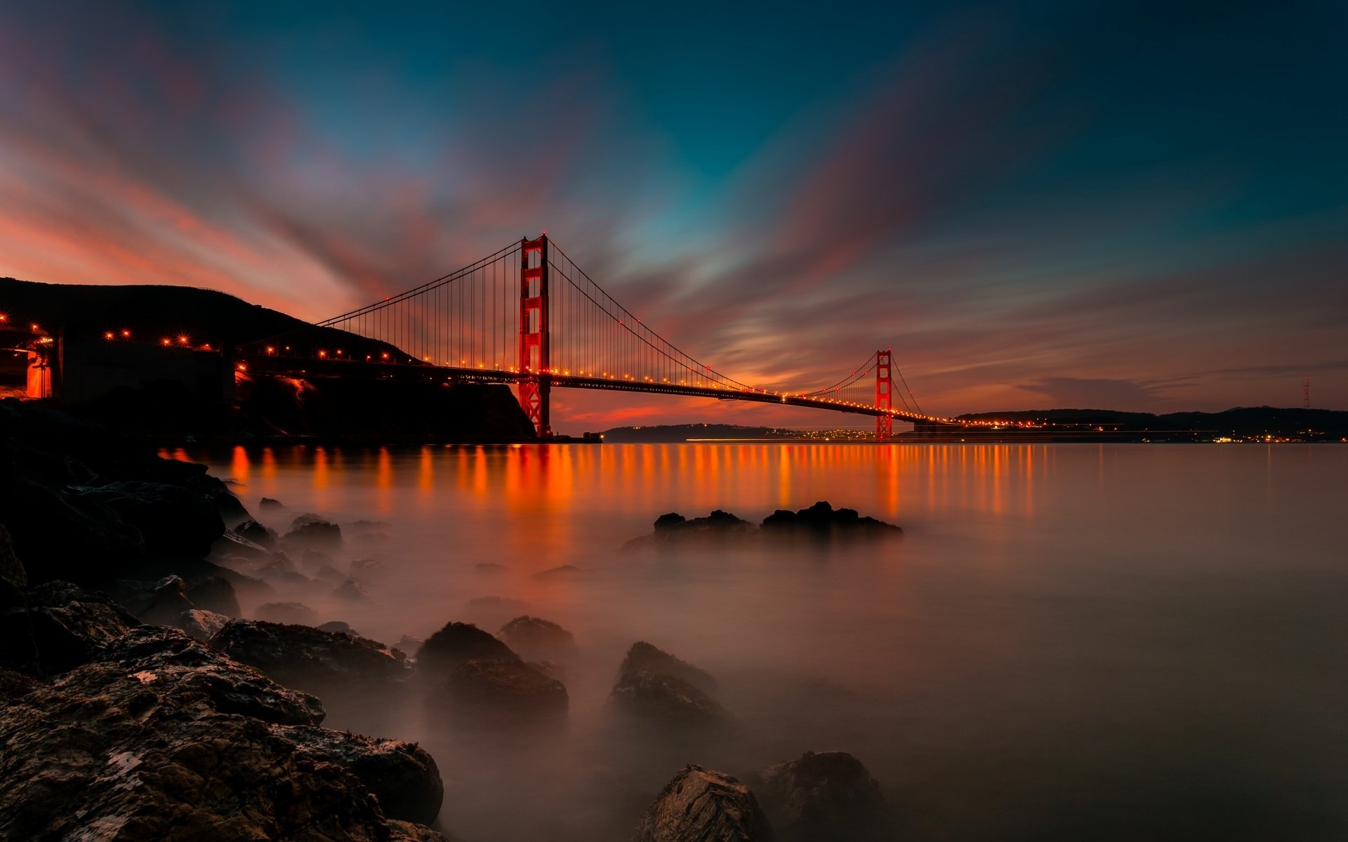 san francisco kalifornia usa most golden gate golden gate most światło wieczór zachód słońca miasto cieśnina kamienie