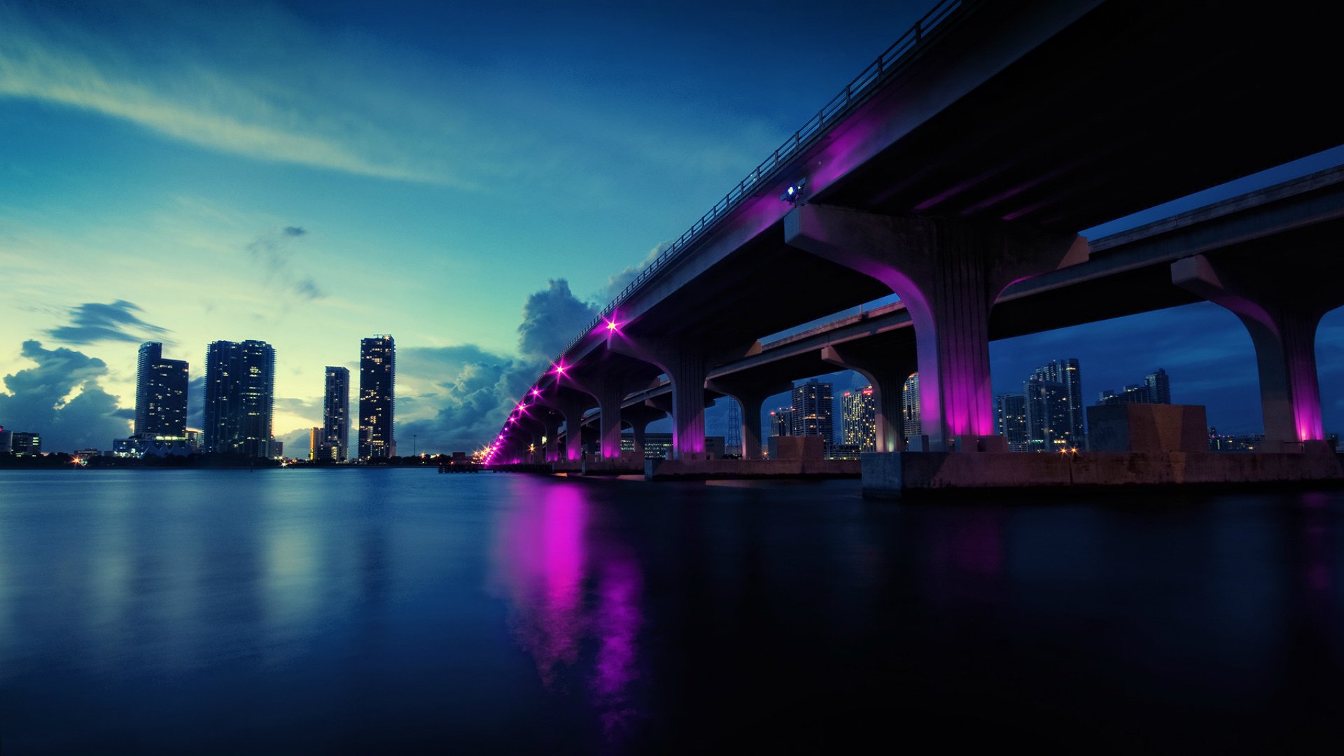 puente luces noche rascacielos río estados unidos florida miami