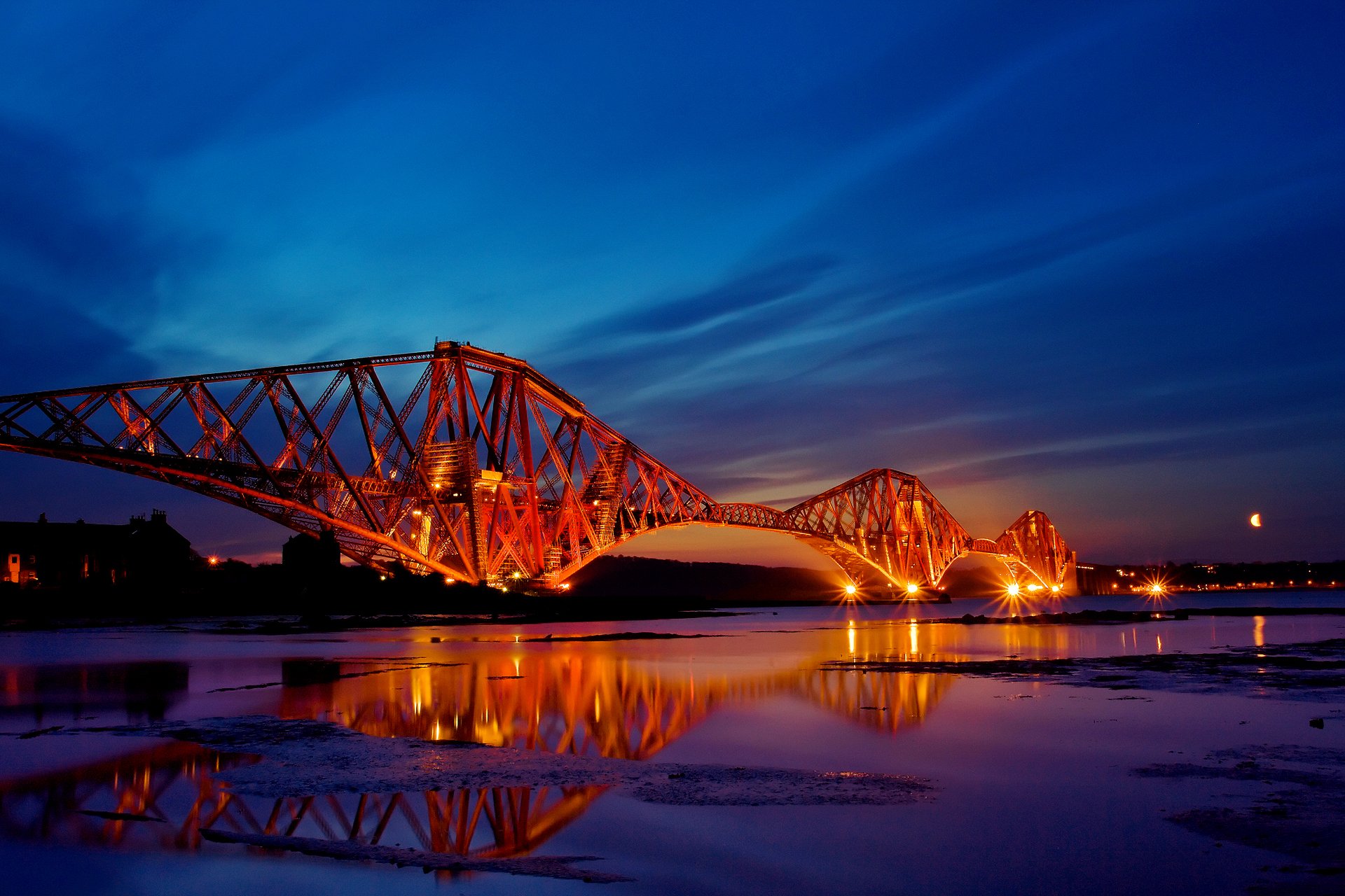 town scotland bridge night sunset lights reflection