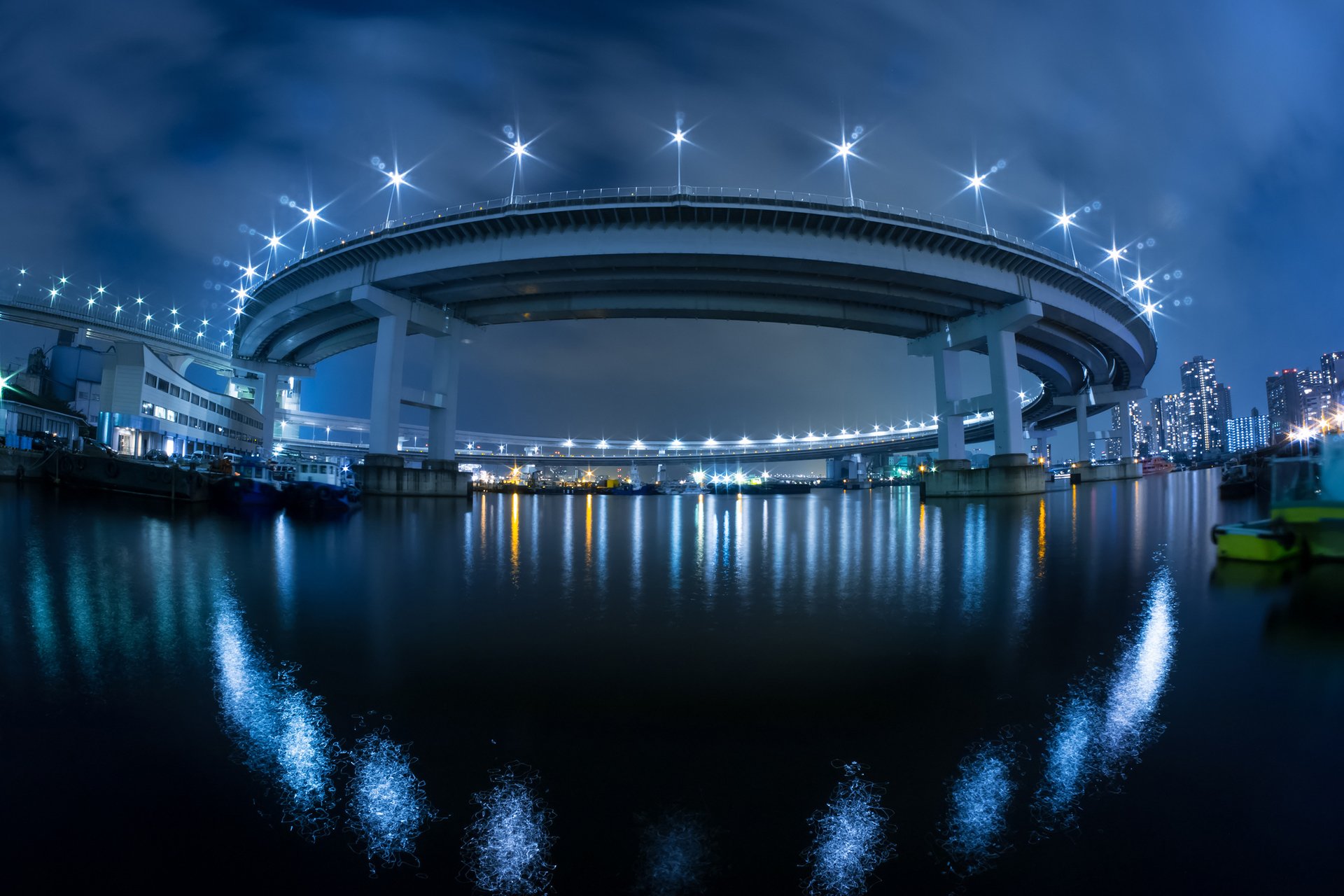 ciudad japón puente luces noche