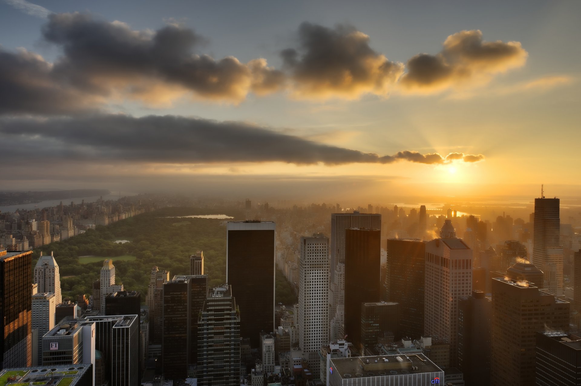 town buildings sky new york sun