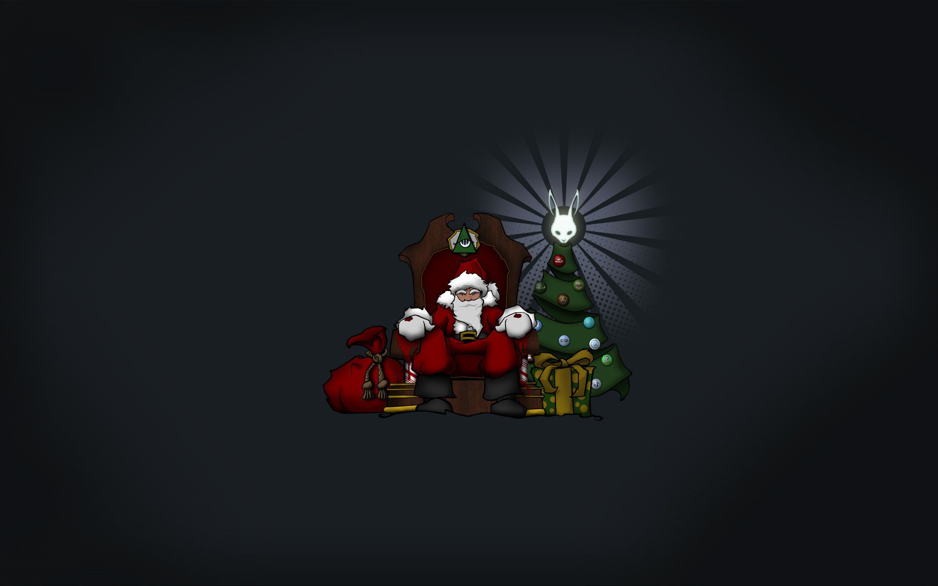 santa minimalismus sitzt am weihnachtsbaum dunkler hintergrund