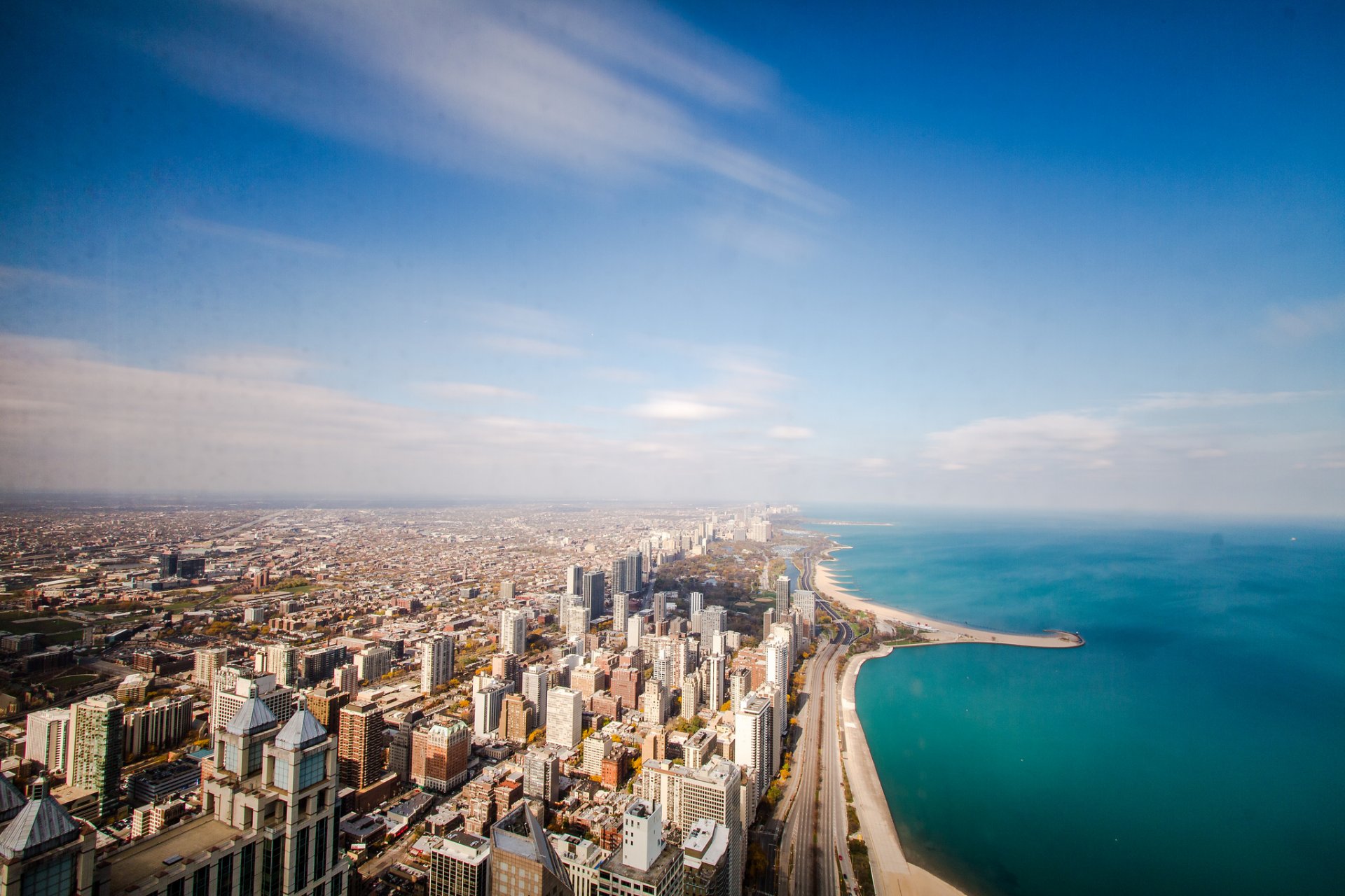 usa illinois chicago united states beach ocean waterfront horizon sky clouds day clear skyscraper road