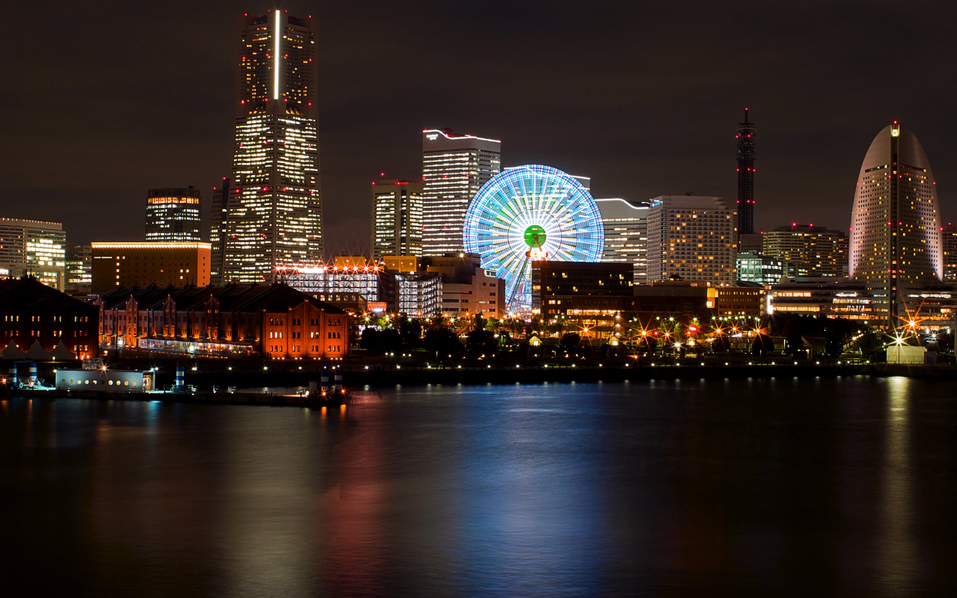 japan yokohama yokohama port metropolis ferris wheel night lights backlight bay reflection