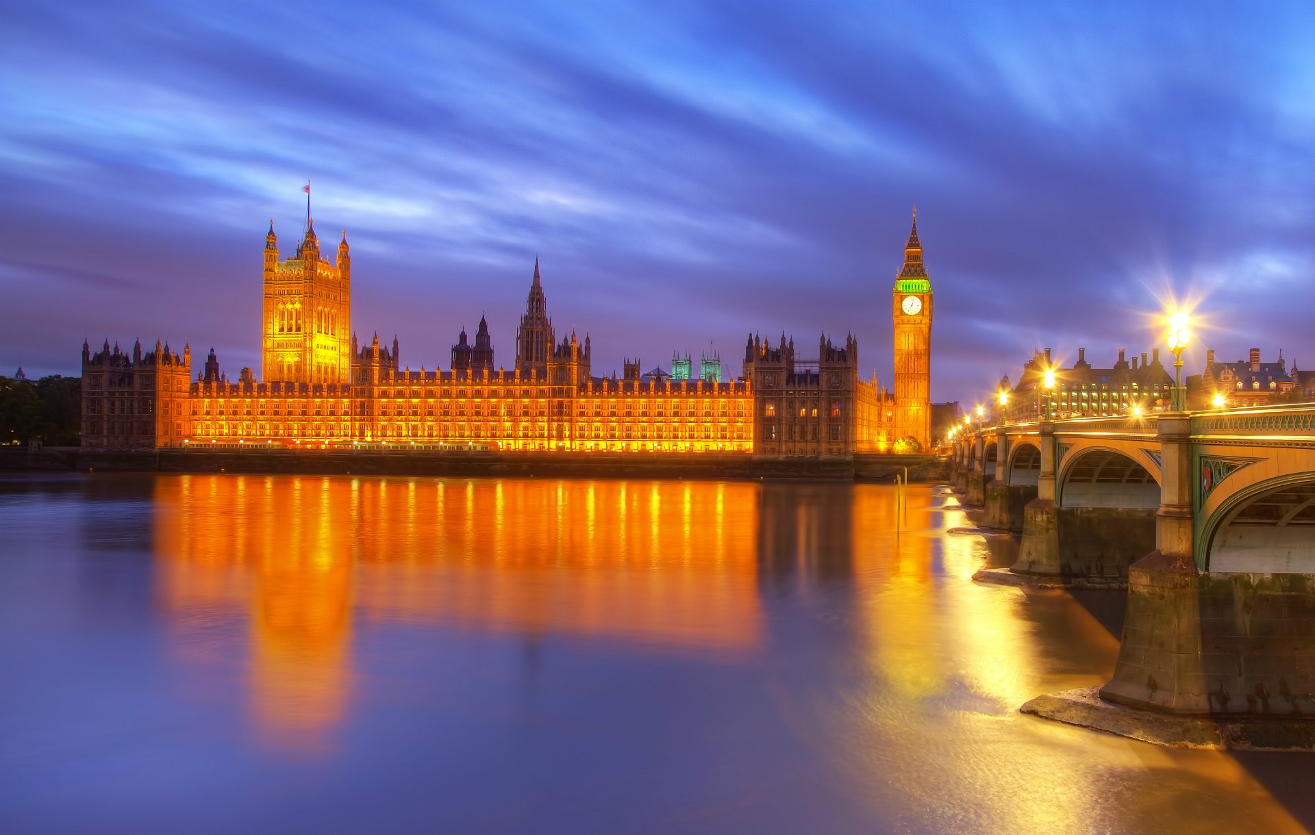 united kingdom england london city big ben night lanterns lanterns bridge river thames reflection lighting lights buildings thame