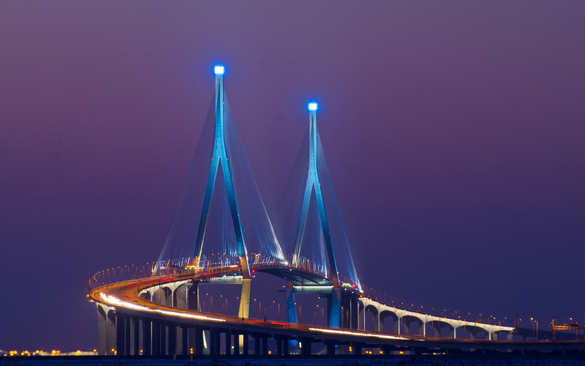 asia corea del sud città songdo ponte retroilluminazione esposizione luci notte lilla viola cielo