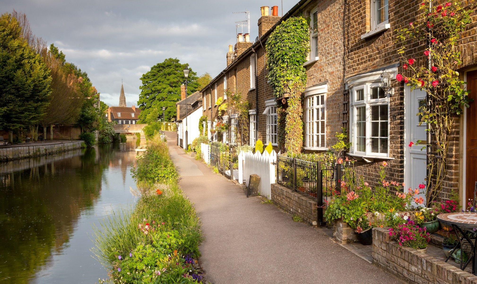 zuhause vorort fluss kanal gehweg blumen gras bäume wolken