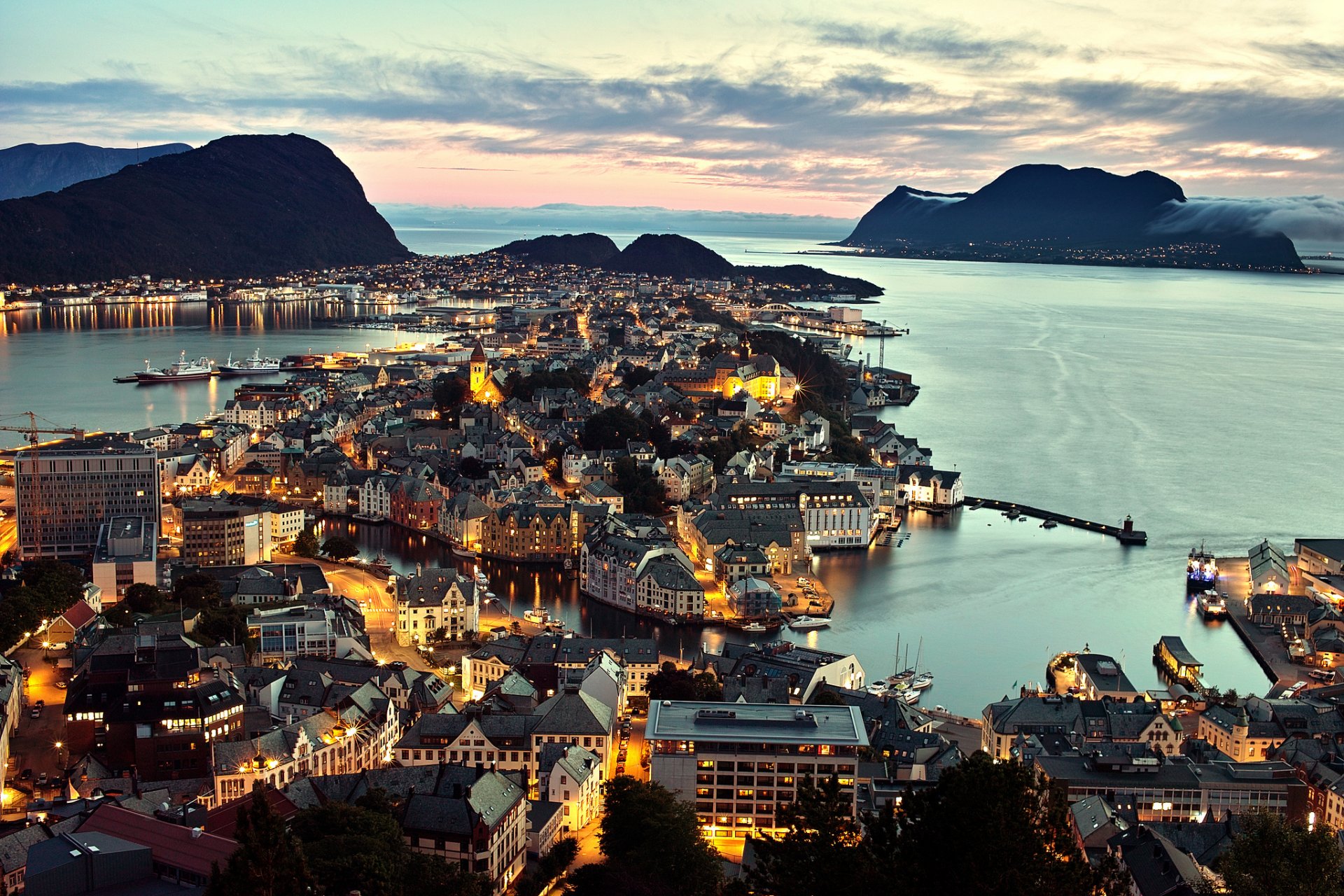 norway aalesund town sea panorama night