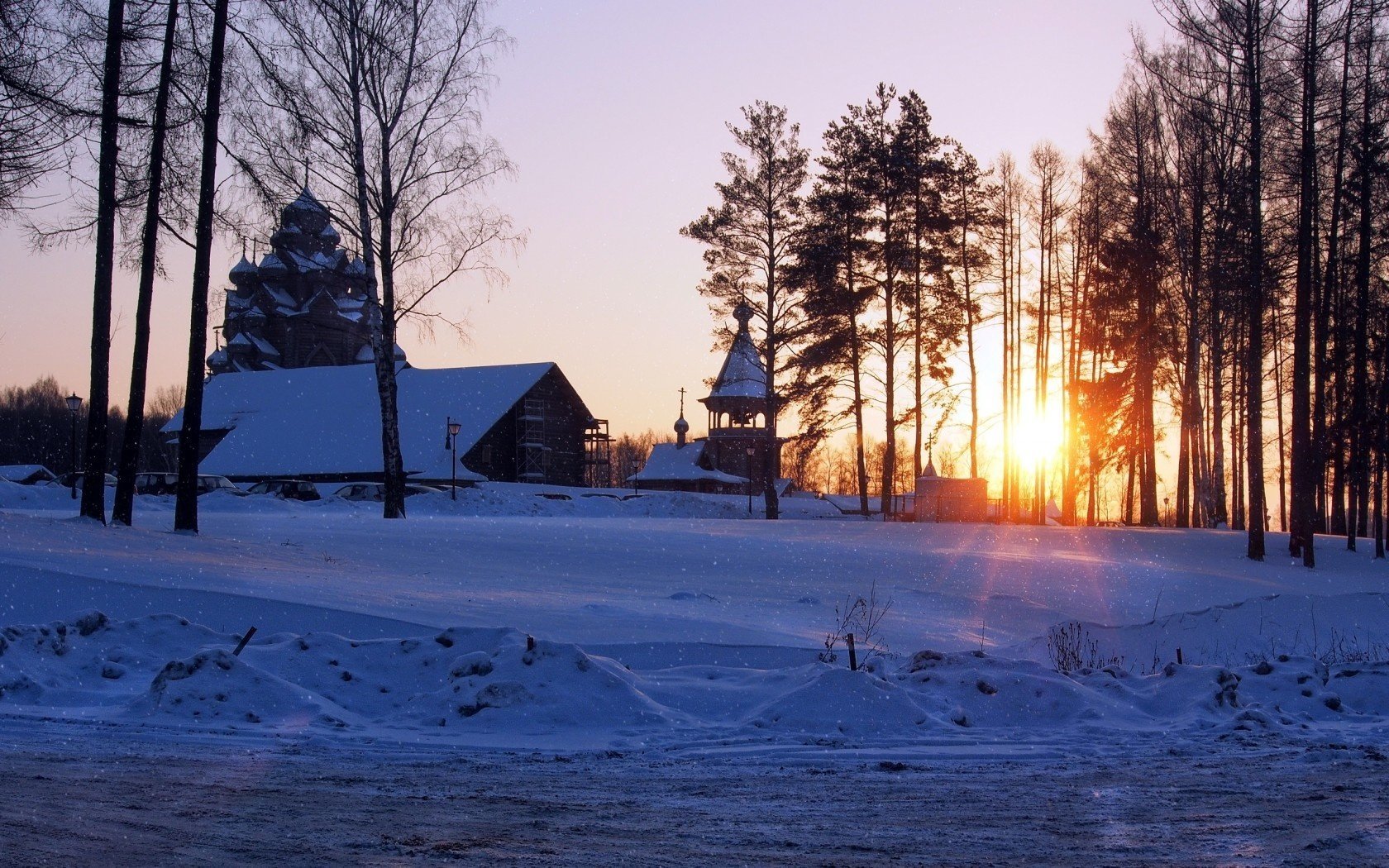 temple coucher de soleil hiver