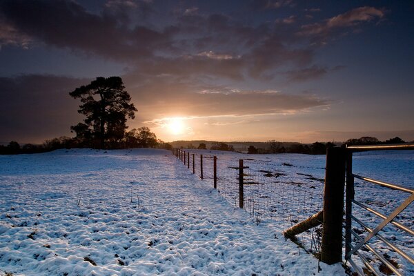 Der verschneite Sonnenuntergang des grenzenlosen Feldes