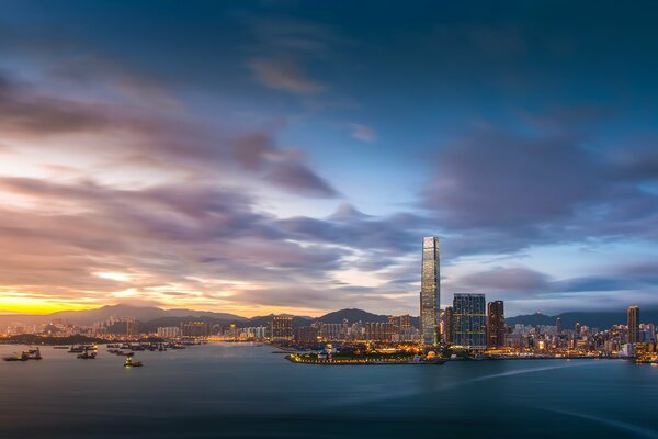 Evening Hong Kong, its buildings and port