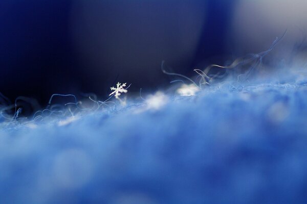 Makroaufnahme von Schneeflocken auf blauem Stoff