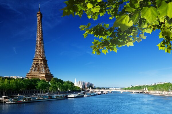 The Eiffel Tower stands next to the river