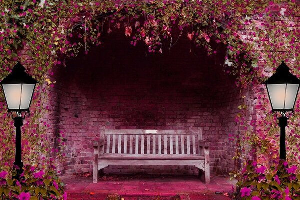 Jardin de printemps avec des fleurs et un banc