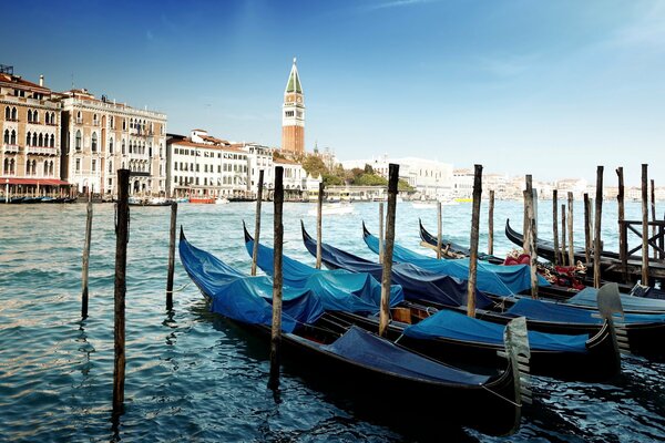 Sheltered gondolas on the water at the pier