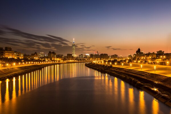 A river in Taipei city against the background of the evening sky