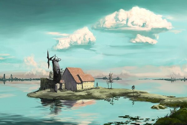 Ein Haus und eine Mühle auf einer Insel inmitten eines Sees