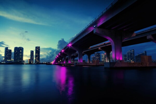 Ein Abend in Miami. Fluss und Brücke mit Lichtern