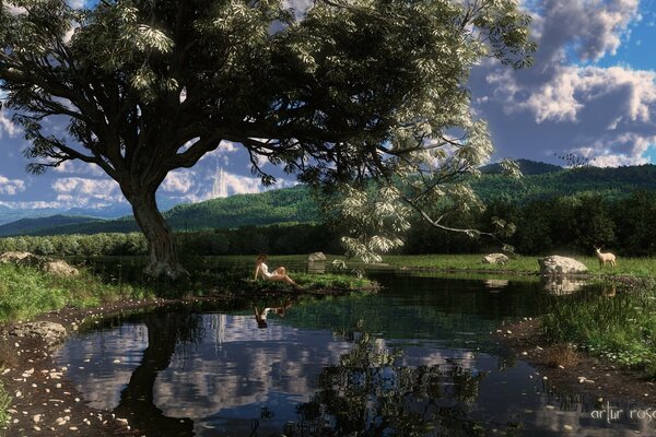 Relaxing in the shade by the lake in nature