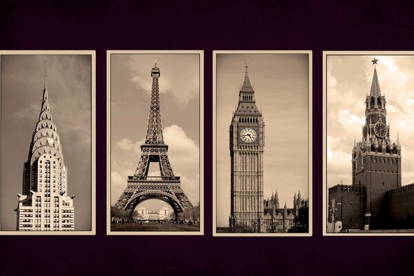 Eine Collage aus berühmten Turmgebäuden