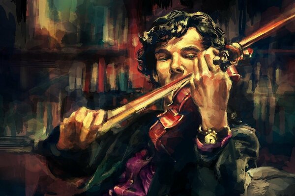 Violinist, library, oil painting