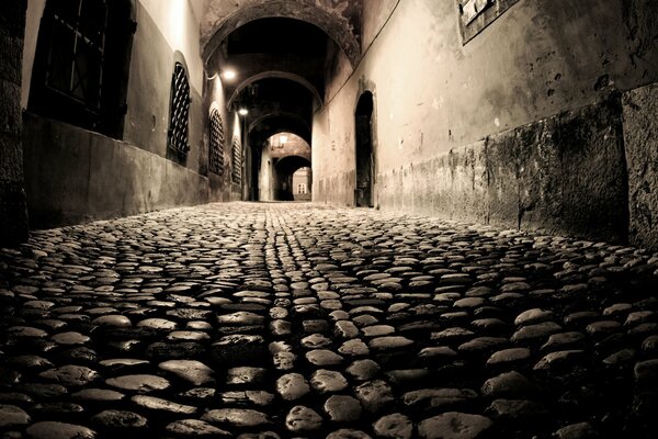 Strada notturna della città pavimentata con ciottoli illuminata da lanterne