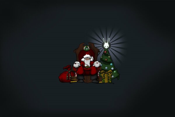 Weihnachtsmann in der Nähe des Weihnachtsbaumes mit einem Geschenkbeutel