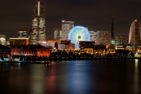 Japan megapolis night Ferris wheel