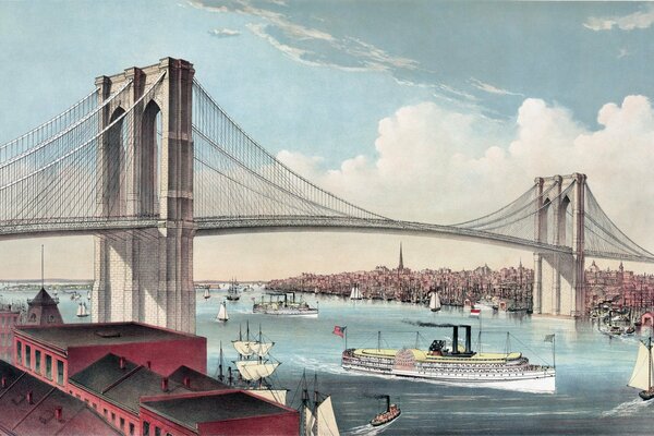 A picture of the Brooklyn Bridge against a background of blue sky and water with riverboats and a city in the distance