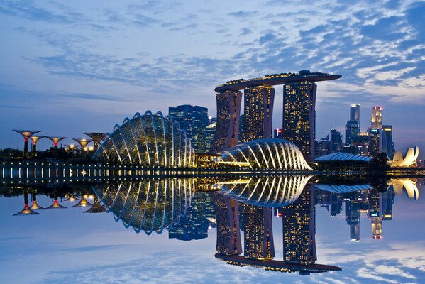 Singapore evening reflected in the water in bright lights