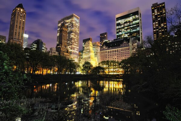 Night buildings and houses in New York City