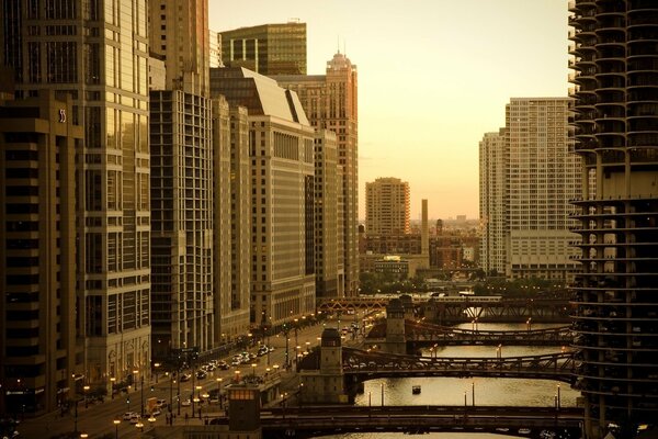 Evening in Chicago the street houses the burning lights of the bell ringers