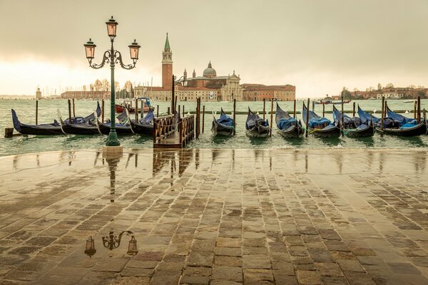 Overcast sky over gondolas in Venice