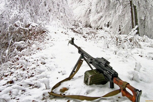 Maschinengewehr im Schnee im Wald