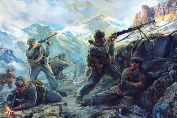 Soviet shooters in the snowy mountains